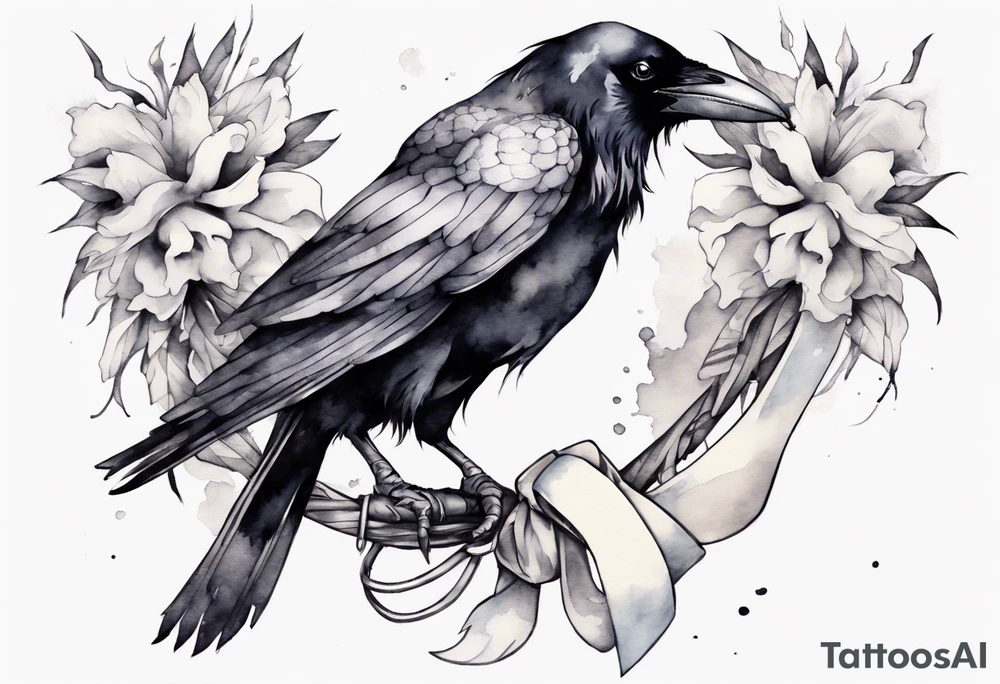 raven with a white ribbon tied around leg tattoo idea