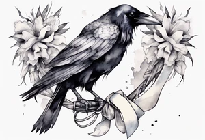 raven with a white ribbon tied around leg tattoo idea