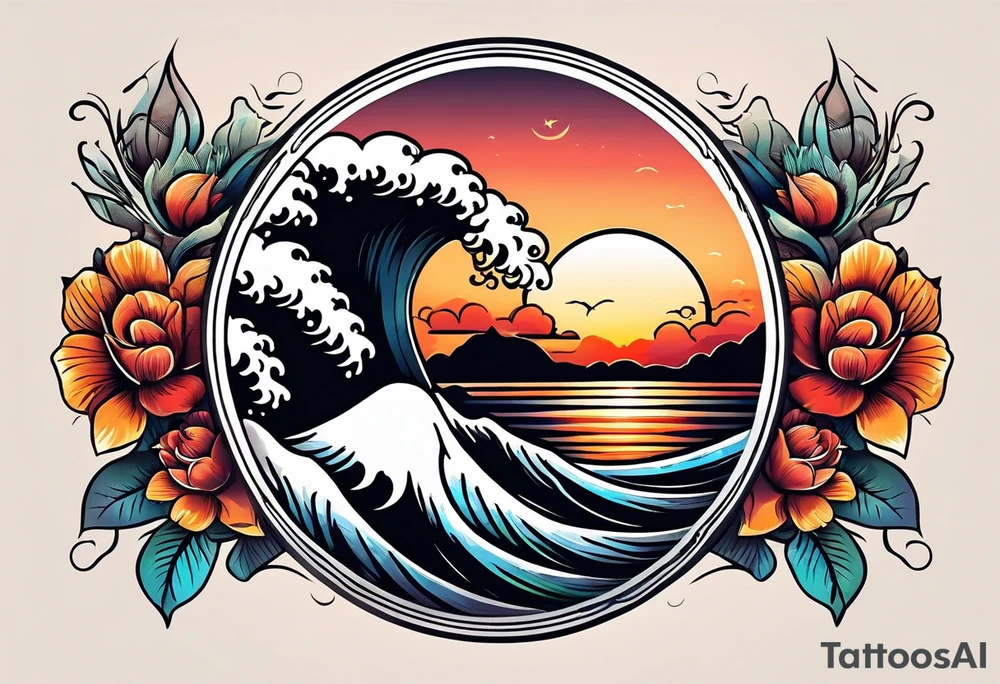 Round tattoo, inside sunset and sea with retro look tattoo idea