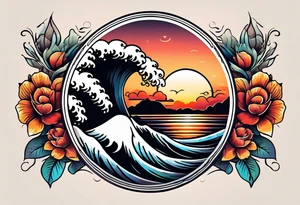 Round tattoo, inside sunset and sea with retro look tattoo idea