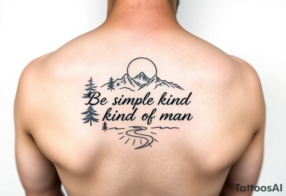 A minimalist tattoo with the words ‘Be a Simple Kind of Man’ in handwritten script, framed by pine trees, mountains, and a rising sun, a river, and moon
Fine line blackwork for the forearm tattoo idea