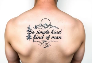 A minimalist tattoo with the words ‘Be a Simple Kind of Man’ in handwritten script, framed by pine trees, mountains, and a rising sun, a river, and moon
Fine line blackwork for the forearm tattoo idea