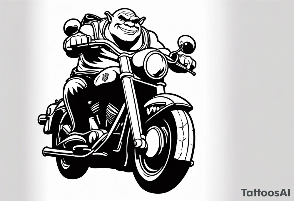 Shrek wearing leather riding a Harley Davidson tattoo idea