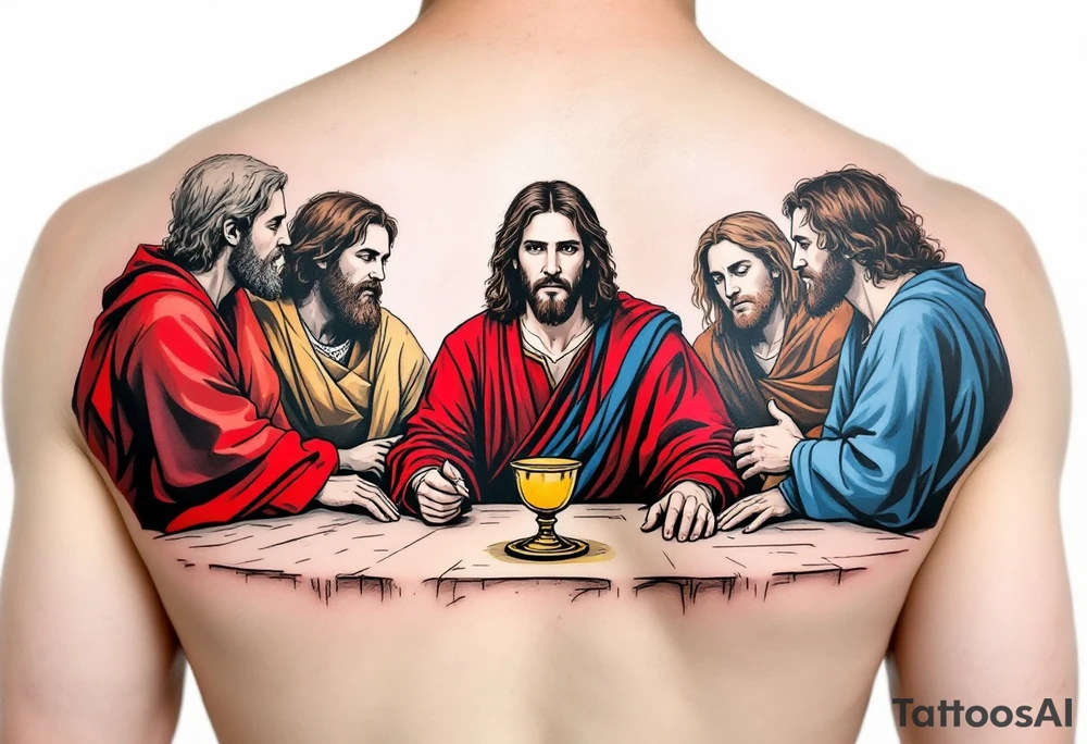 Jesus and the Apostles – A scene depicting Jesus seated at the Last Supper, with vibrant reds, blues, and earth tones representing His apostles. The golden chalice in front of Him symbolizes communion. tattoo idea