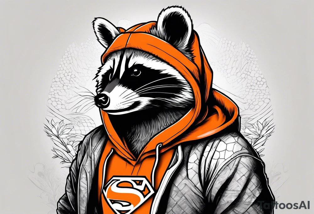 Raccoon wearing an orange Superman hoodie tattoo idea