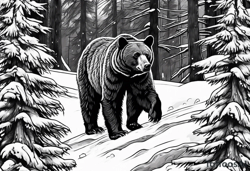 black bear in canadia winter with big trees tattoo idea
