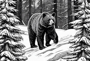 black bear in canadia winter with big trees tattoo idea