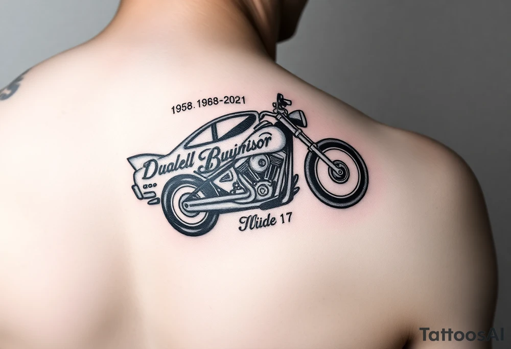An arm tattoo with Dale Earnhardt car on it with the year 1958 - 2021 intertwined with a motorcycle with a Budweiser logo on it tattoo idea