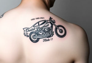 An arm tattoo with Dale Earnhardt car on it with the year 1958 - 2021 intertwined with a motorcycle with a Budweiser logo on it tattoo idea