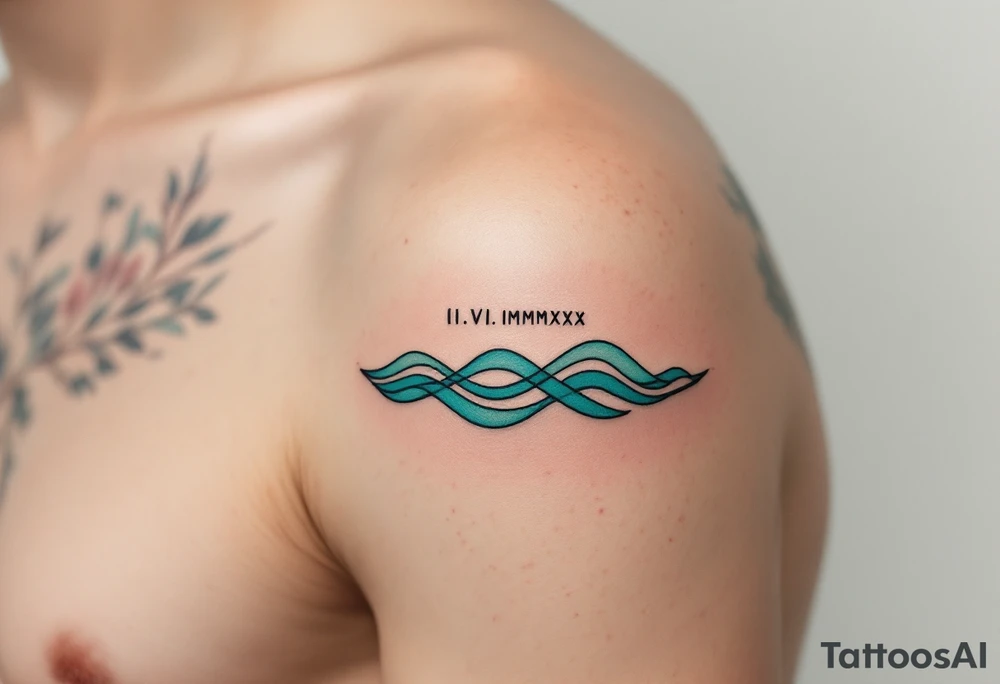 Fine-line II.VI.MMXX in dark ink on the inner bicep, with stylized waves in desaturated teal flowing beneath. tattoo idea