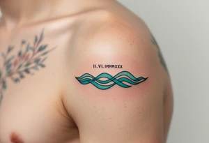 Fine-line II.VI.MMXX in dark ink on the inner bicep, with stylized waves in desaturated teal flowing beneath. tattoo idea