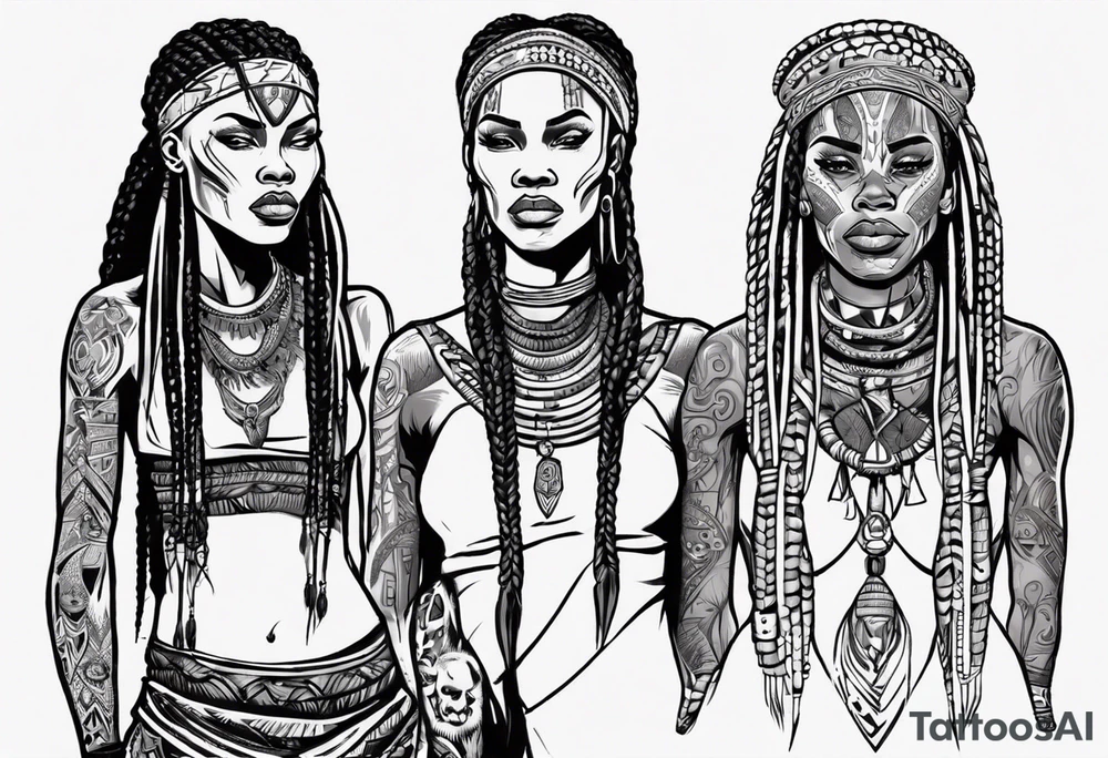 African female Viking  full body 
slim long face small mouth long braided hair tattoo idea