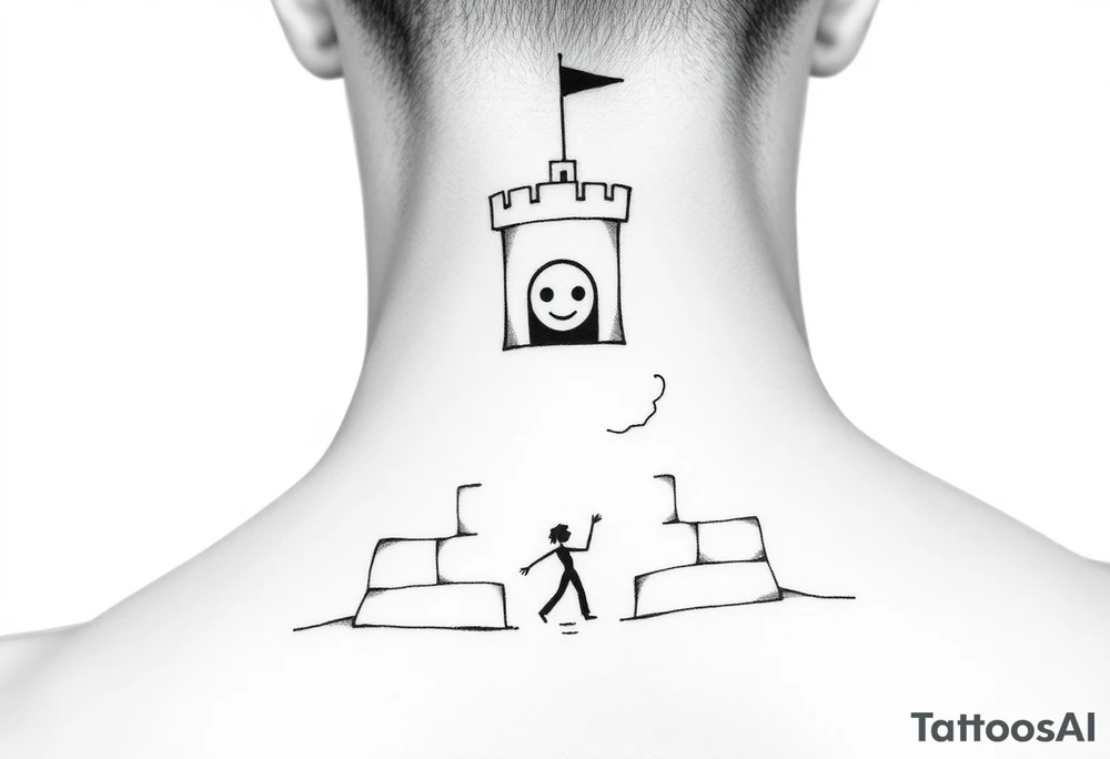 Draw a minimal trapezoid shape as the main background.

Inside the trapezoid:

A small simple castle at the top center, with smooth walls and a short tower on one side.

A tiny black rectangle (like a small brick) inside the castle wall, representing a Tramadol pill.

A small smiling mask on the tower, with two dots for eyes and a curved line for a mouth.

A thin irregular crack running from the bottom to the top of the castle wall.

A thin diagonal ray of light coming out of one castle window.

A very simple abstract figure of a dancer in the castle courtyard, made of a few lines.


The design should look clean and minimal overall. tattoo idea