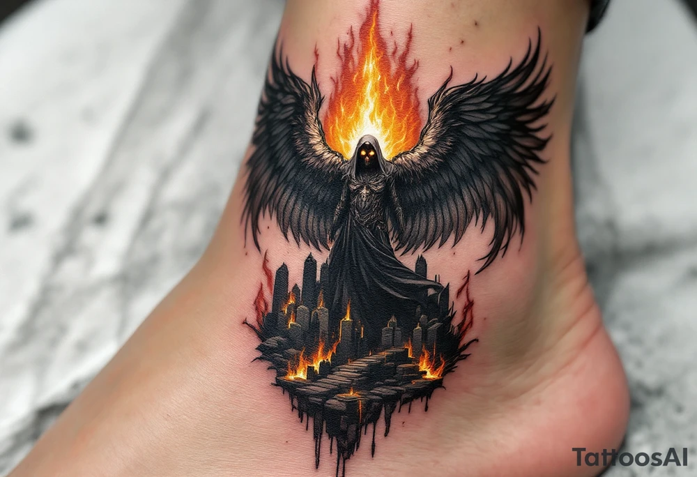 An Angel of Death standing at the gates of a burning city, wings charred and eyes glowing molten gold. tattoo idea