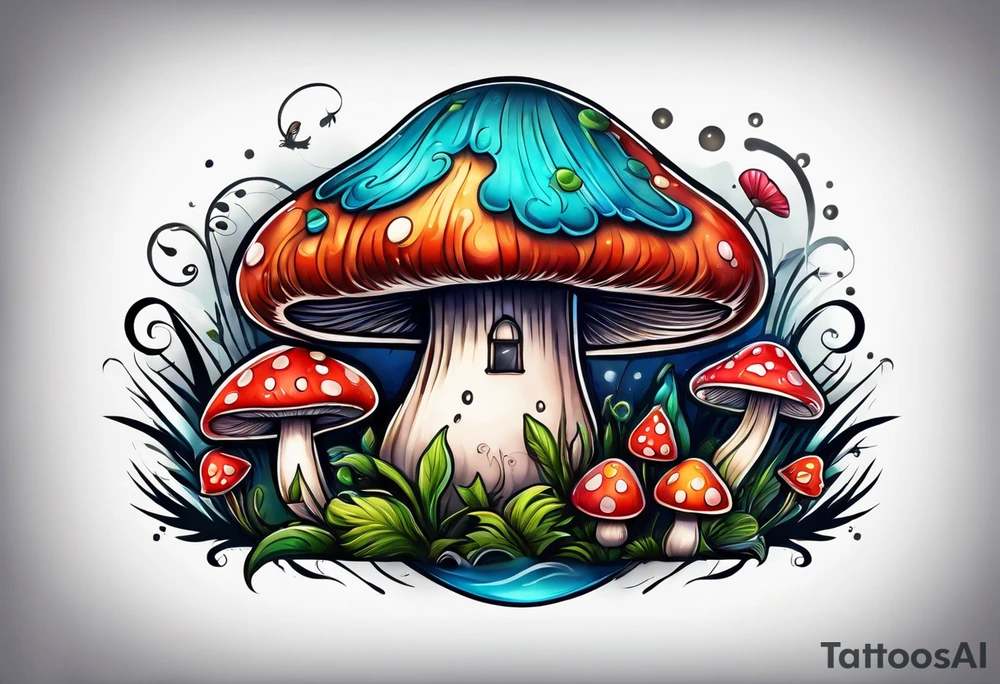 Happy anthropomorphic mushroom tattoo idea