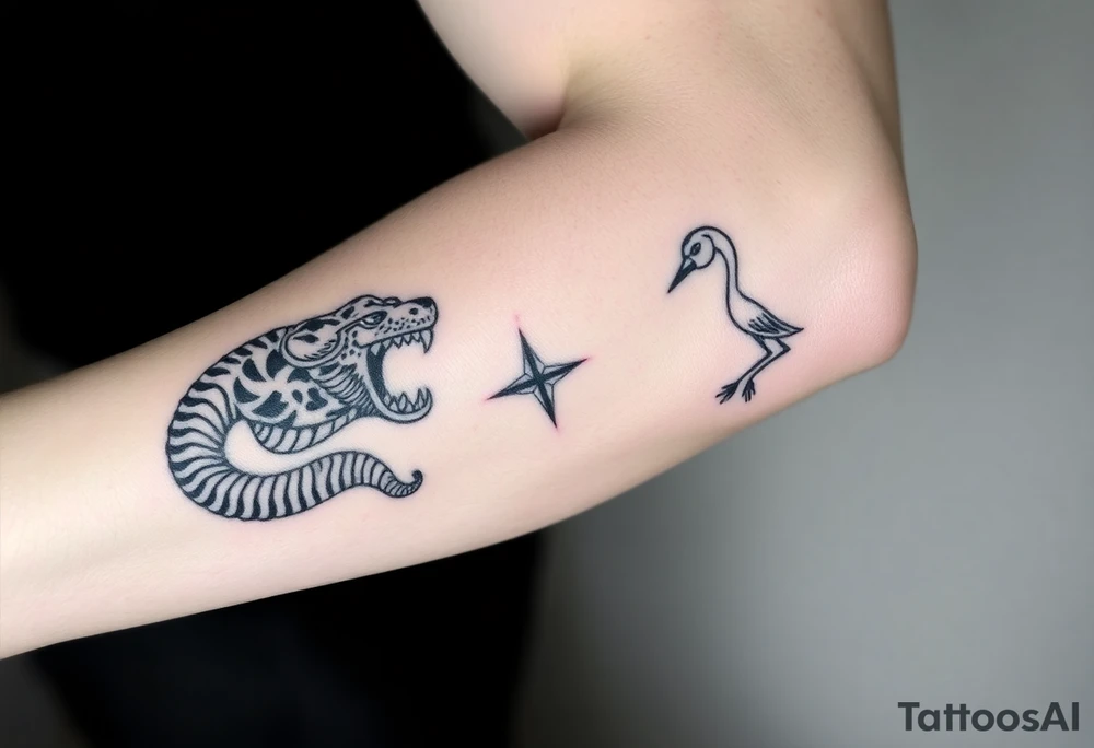 Snake tiger crane and monkey tattoo idea
