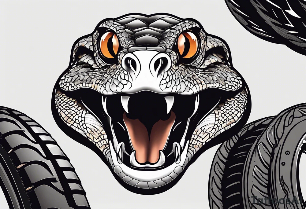 black and white drawing of a snake head with copper eyes an open mouth with mountain bike tire body tattoo idea