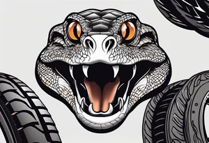 black and white drawing of a snake head with copper eyes an open mouth with mountain bike tire body tattoo idea
