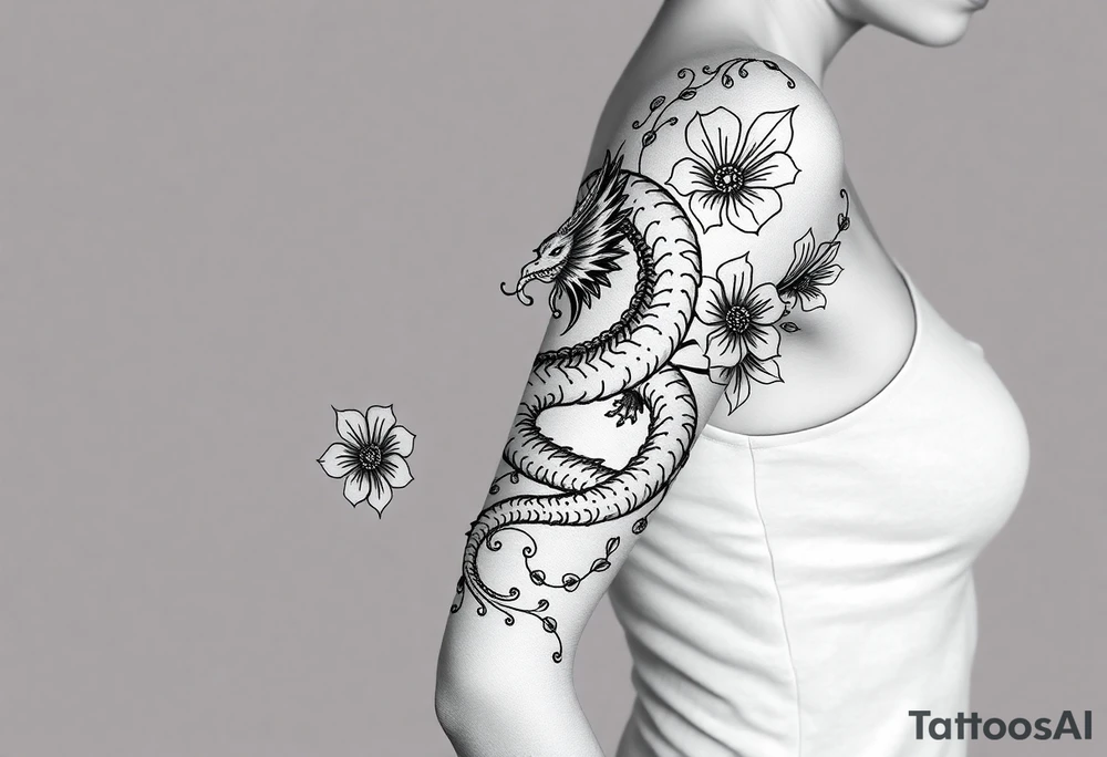 un dragon central entouré de fleurs de lys de style avec des ombrages dans un style assez fin tattoo idea