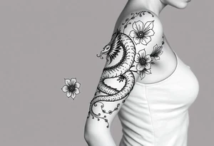 un dragon central entouré de fleurs de lys de style avec des ombrages dans un style assez fin tattoo idea