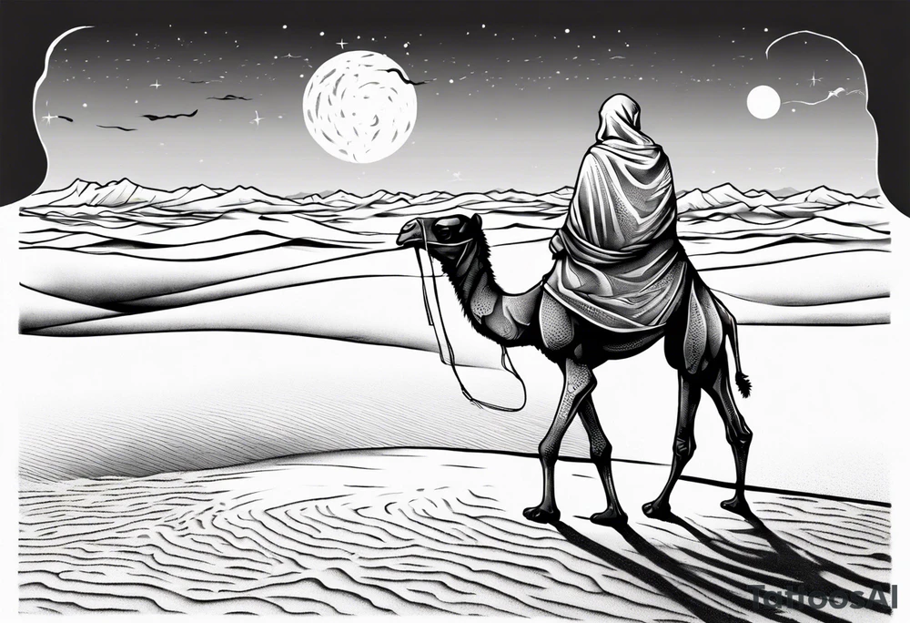 Design a tattoo showcasing, from far away a vast desert landscape with low, undulating sand dunes. Feature a man walking alongside his camel, both resilient against the harsh environment, the man covering his face with a long cloth for protection. tattoo idea