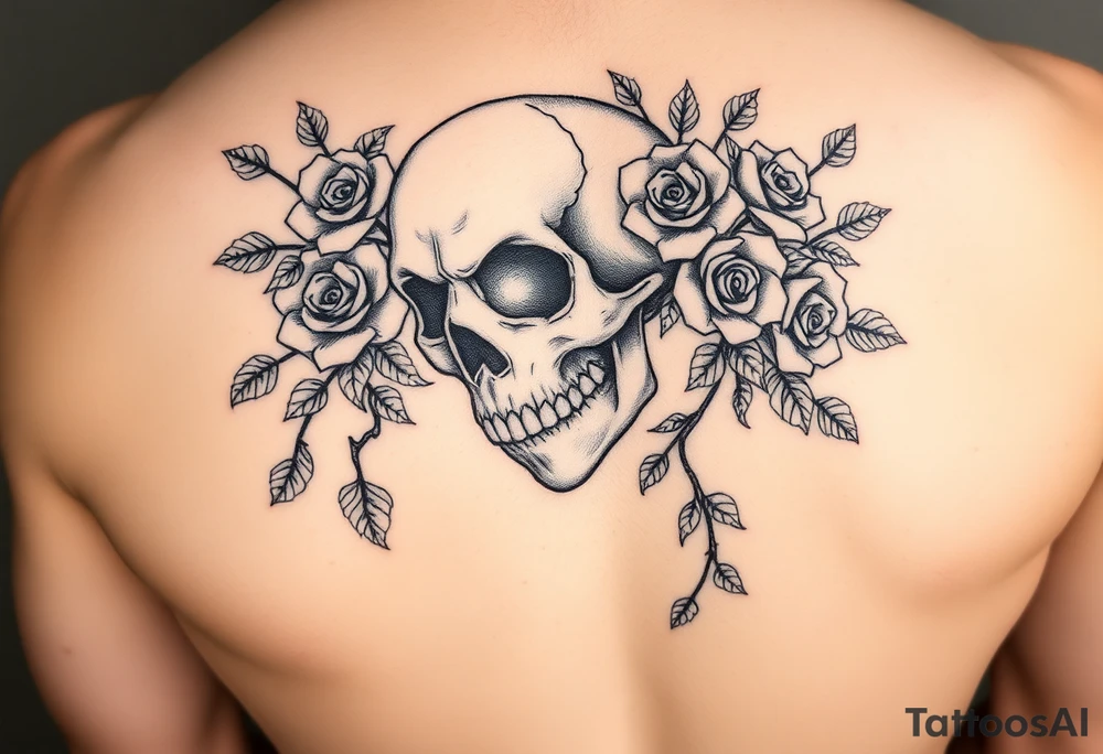 gothic skull intertwined with climbing roses and thorny vines tattoo idea