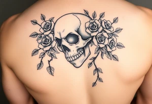 gothic skull intertwined with climbing roses and thorny vines tattoo idea