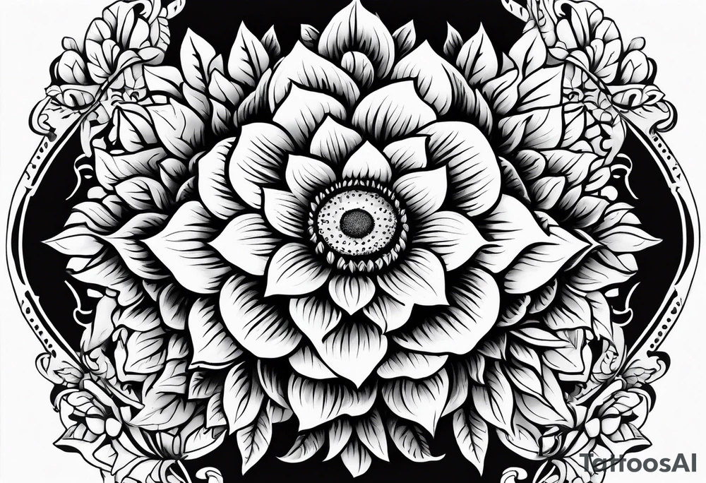 NAJE in edwardian script surrounded by symmetrical sunflowers tattoo idea