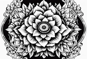NAJE in edwardian script surrounded by symmetrical sunflowers tattoo idea