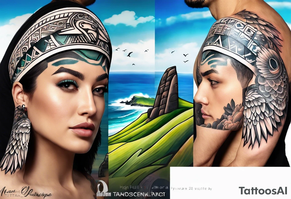Upper arm piece of Easter island heads with an island landscape and hawk circling above tattoo idea