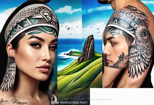 Upper arm piece of Easter island heads with an island landscape and hawk circling above tattoo idea