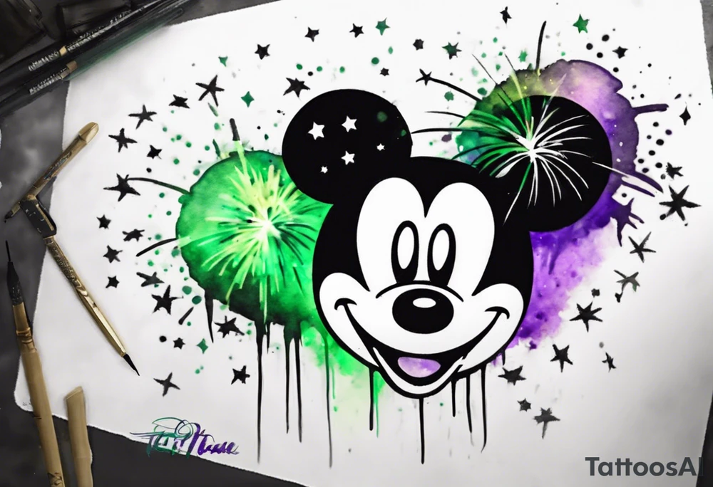 Simple Mickey head in black with watercolor fireworks behind in green purple and yellow. tattoo idea