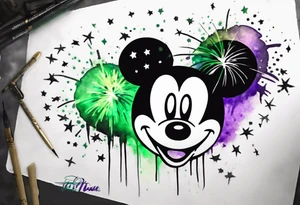 Simple Mickey head in black with watercolor fireworks behind in green purple and yellow. tattoo idea