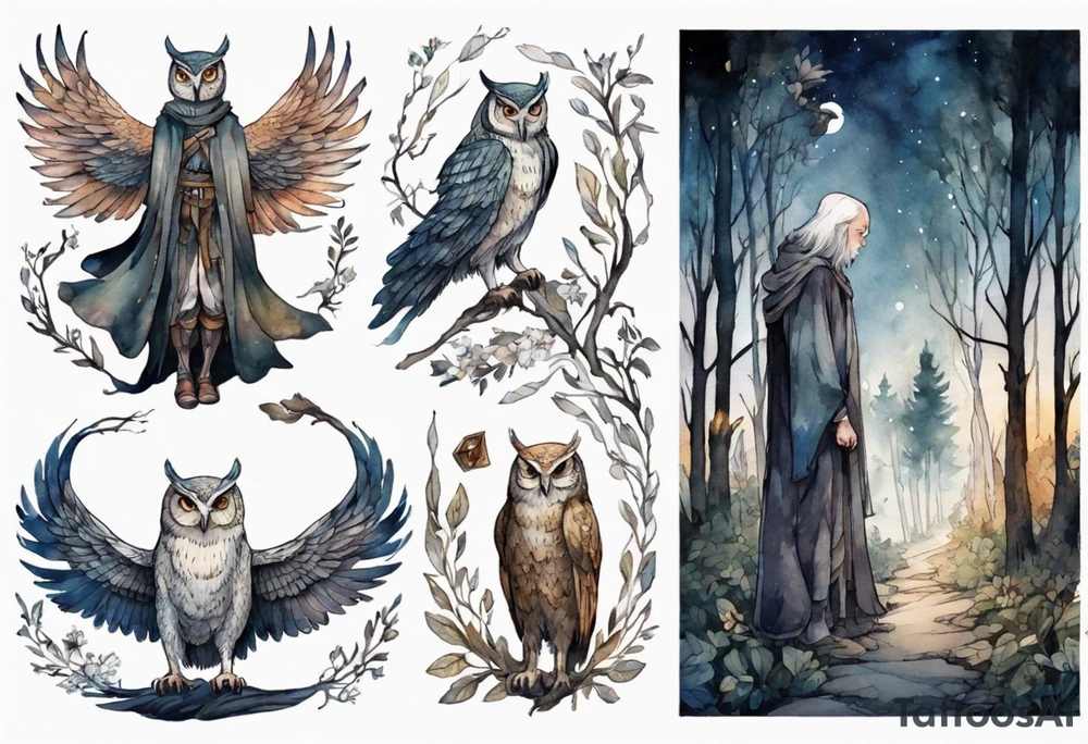 a tall thin medieval man with the head and wings of an owl walking on a forest path at night tattoo idea