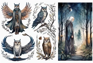 a tall thin medieval man with the head and wings of an owl walking on a forest path at night tattoo idea