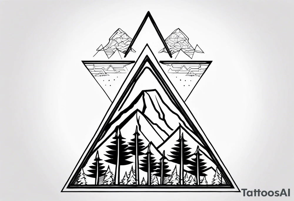 Black line tattoo with three different sizes triangles forming a mountain range with three trees tattoo idea