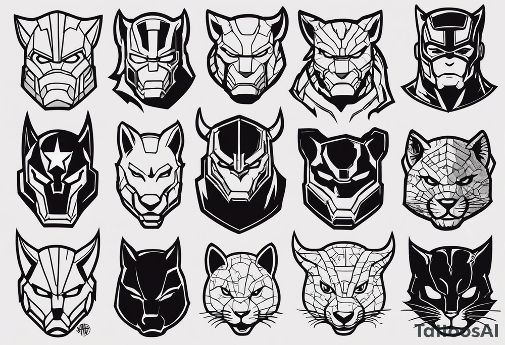 I want to change Avengers Team characters with animals. Hulk will be Badger, Thor will be Alpha Grey Wolf, Captain America will be Bull, Iron Man will be Canary, Black Widow will be Axolotl, Hawk Eye will be Sudan Plated Lizard and Nick Fury will be Cat. tattoo idea