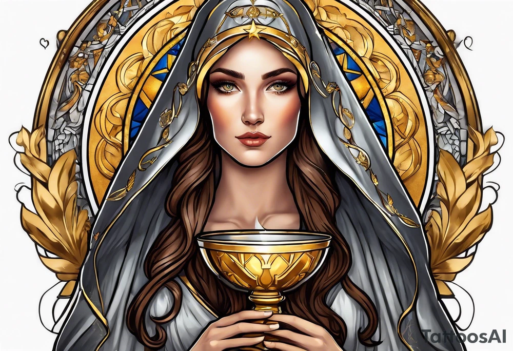 woman saint holding chalice surrounded by golden halo portrait tattoo idea