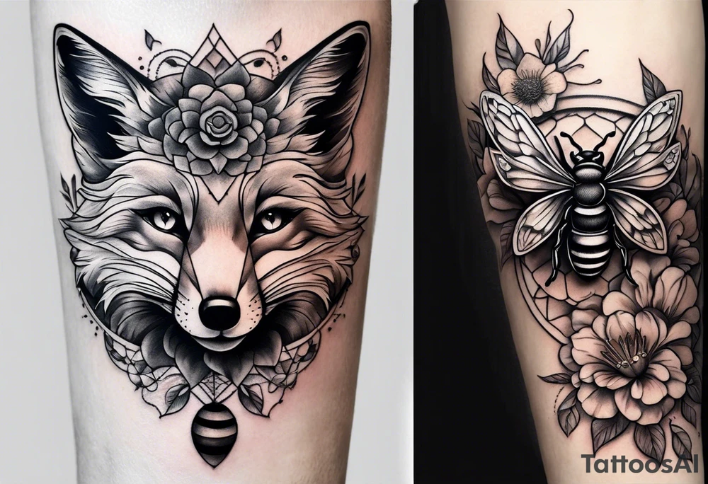 A forearm tattoo of a fox and a honey bee tattoo idea