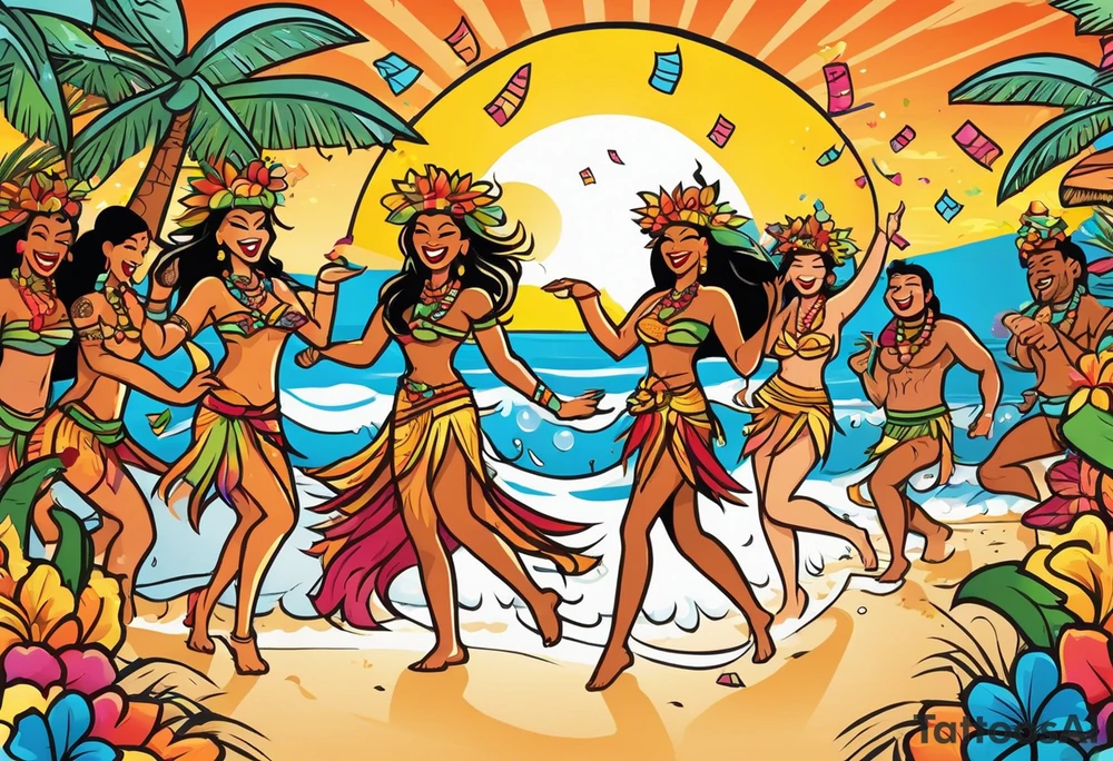 dancing tiki gods and hula girls on the left and right side of a beach party scene with confetti and music notes with a setting sun in the center of the image tattoo idea