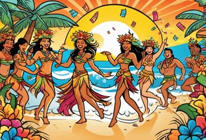 dancing tiki gods and hula girls on the left and right side of a beach party scene with confetti and music notes with a setting sun in the center of the image tattoo idea