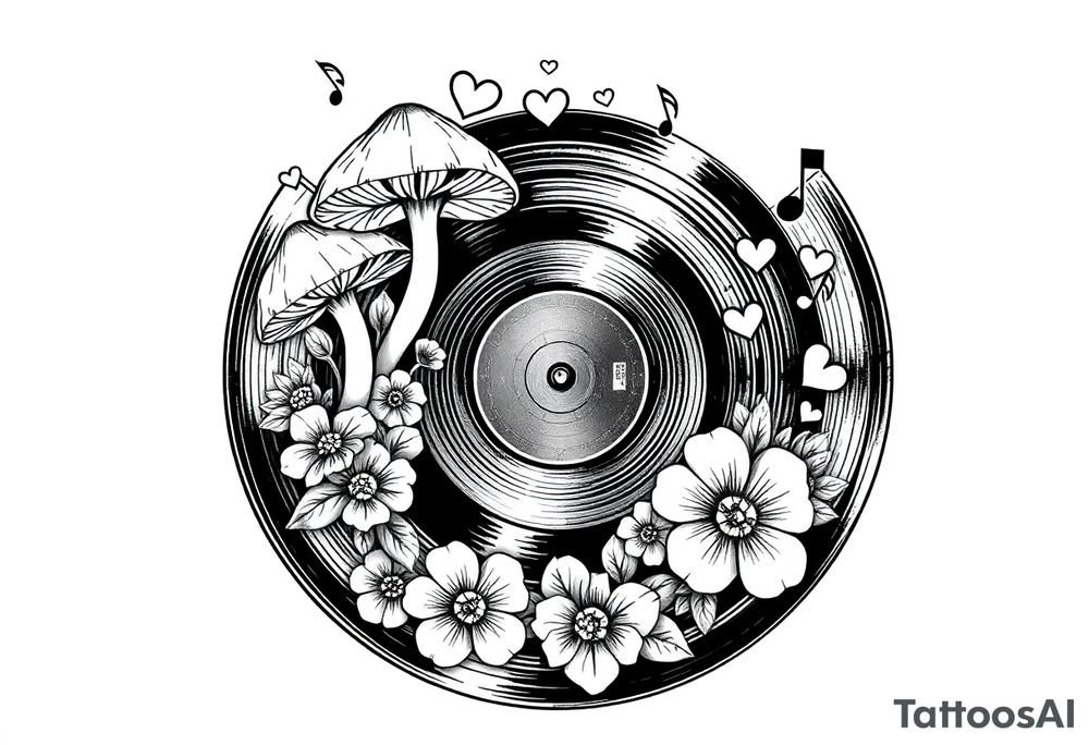 vinyl record with mushrooms, flowers, hearts, and music notes tattoo idea