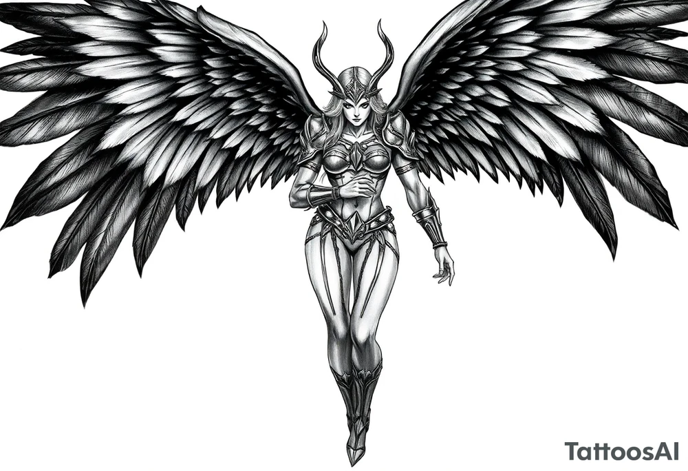 A fierce looking Valkyrie with very big dark wings. The whole body with legs should be visible.
She has armor tattoo idea
