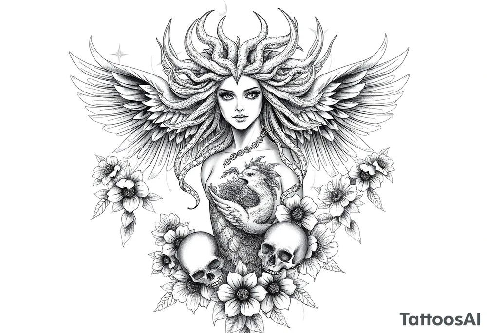 Ethereal Medusa standing. She is beautiful and feminine. She is a phoenix rising from fire and ash. Surrounded by flowers and skulls. Incorporate the phoenix into Medusa tattoo idea