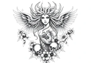 Ethereal Medusa standing. She is beautiful and feminine. She is a phoenix rising from fire and ash. Surrounded by flowers and skulls. Incorporate the phoenix into Medusa tattoo idea