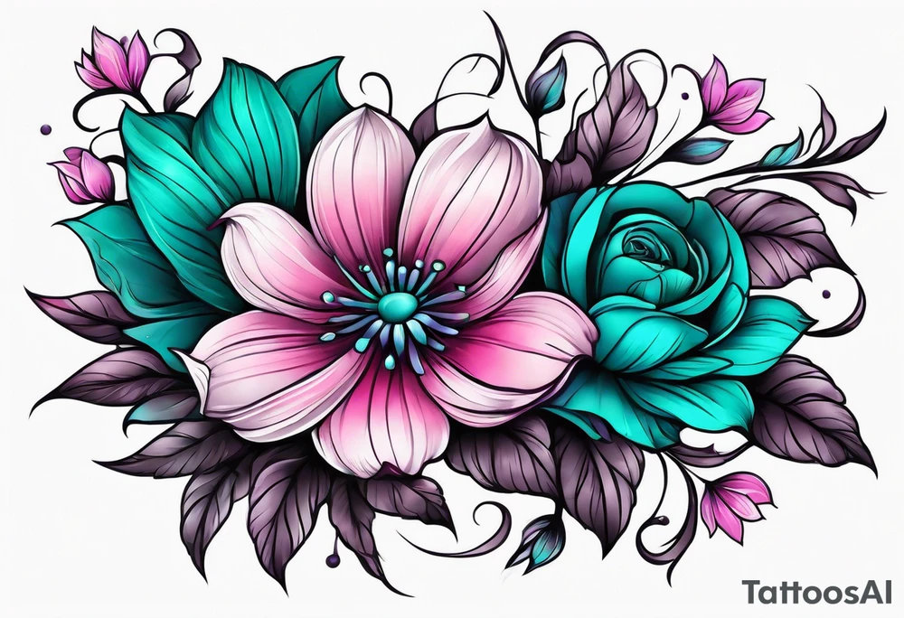 Teal, pink and purple flower sleeve tattoo idea
