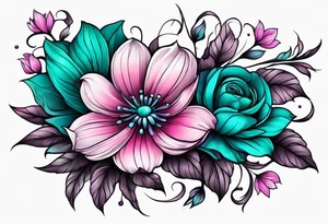 Teal, pink and purple flower sleeve tattoo idea