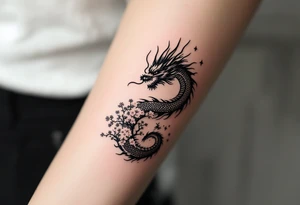 detailed dragon japanese style sakura trees abstract lines dark/rough aesthetic tattoo idea