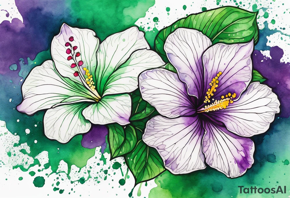 An outline of an only green rio dipladenia flower and a green and purple watercolor splash in the background tattoo idea