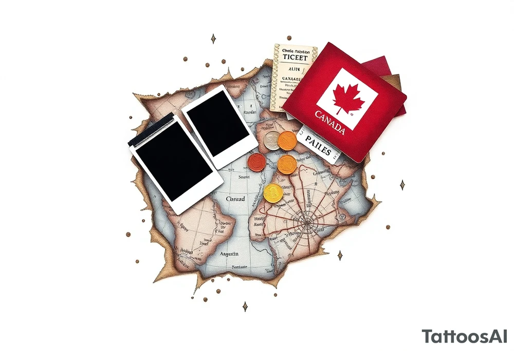 Navigator map with torn/burnt edges, with polaroids, coins, open Canadian passport, and show tickets tattoo idea